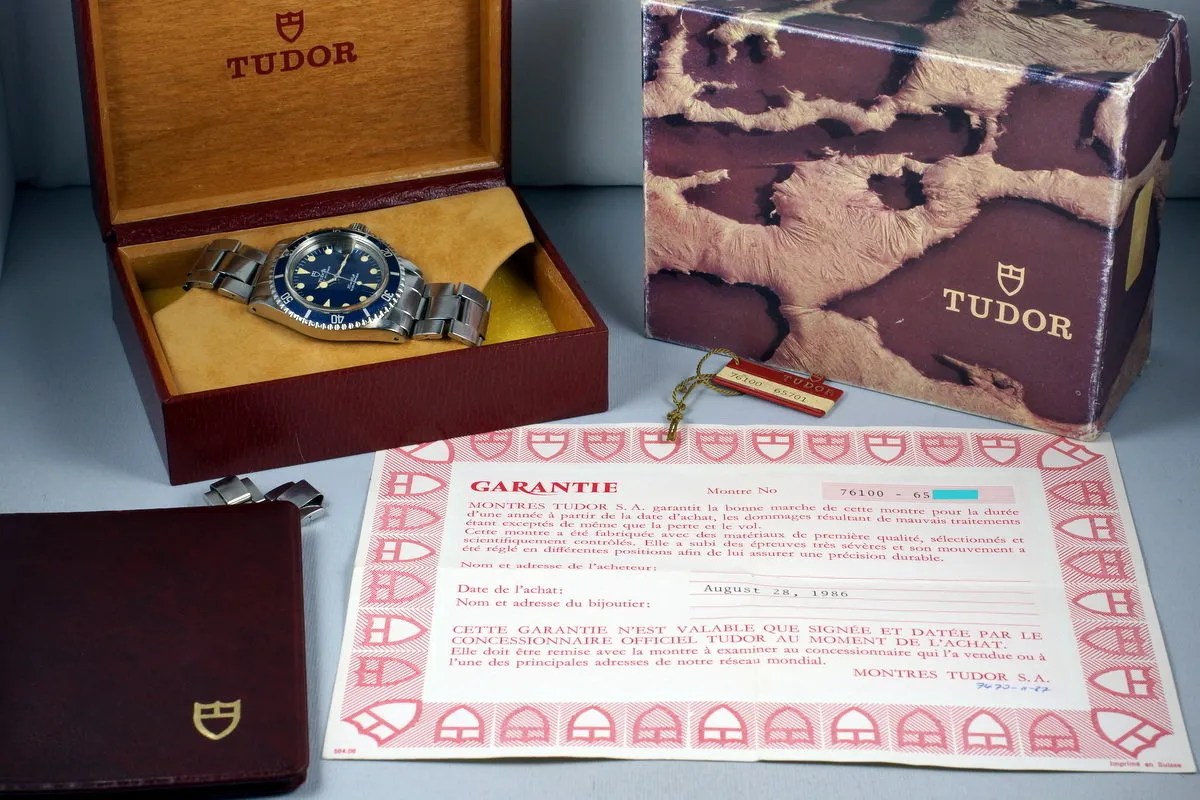 1985 Tudor Blue Submariner 76100 Non-Mercedes Hand with Box and Papers