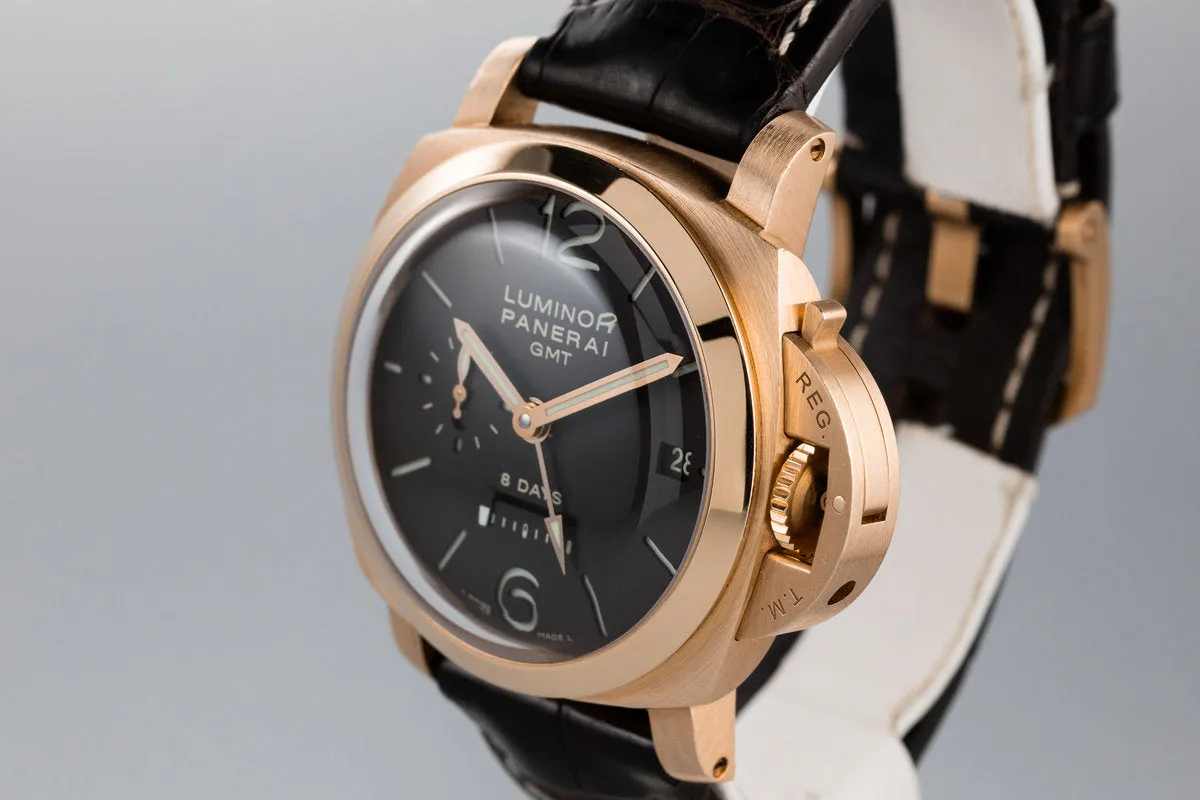 2007 Panerai Rose Gold Luminor 1950 8 Day GMT PAM289 with Box and Papers