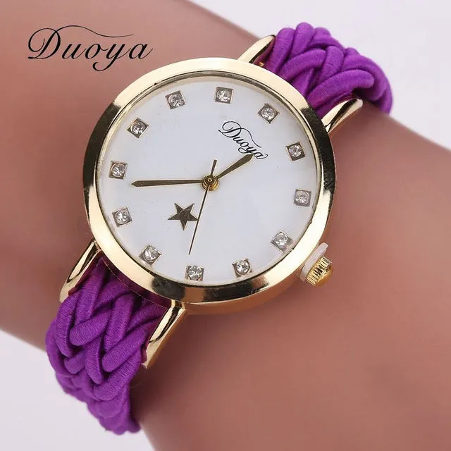 2017 New Fashion Women Gold Braided Leather Wrist Watch For Women Ladies Dress Star Crystal Luxury Crystal Quartz Watch Clock