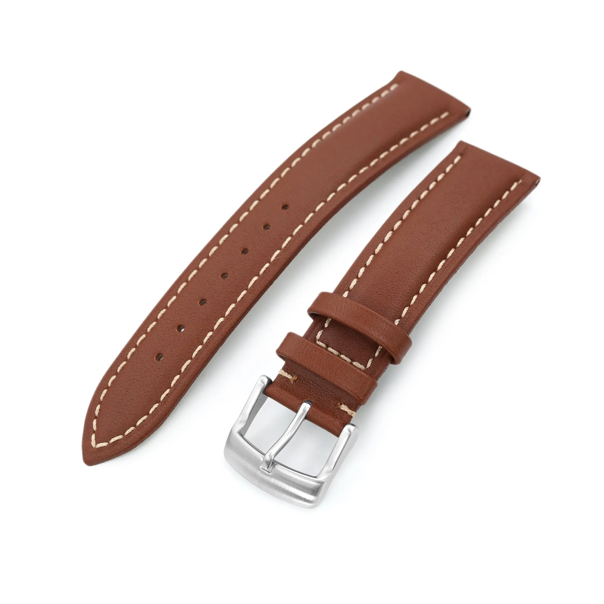 20mm Chestnut Brown Tapered Semi-matte Leather Watch Band, Brushed Buckle