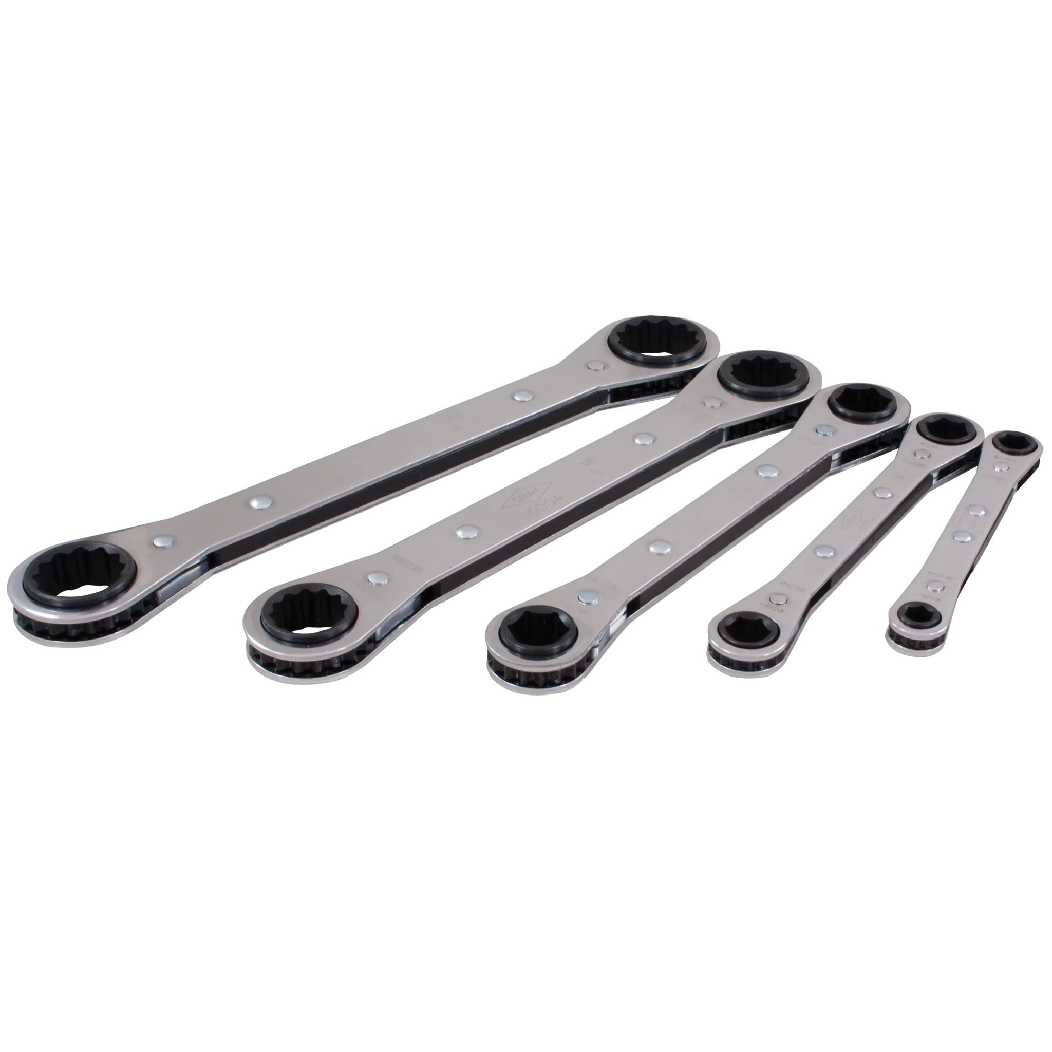 5 Piece 6 & 12 Point SAE Flat Ratcheting Box End Wrench Set