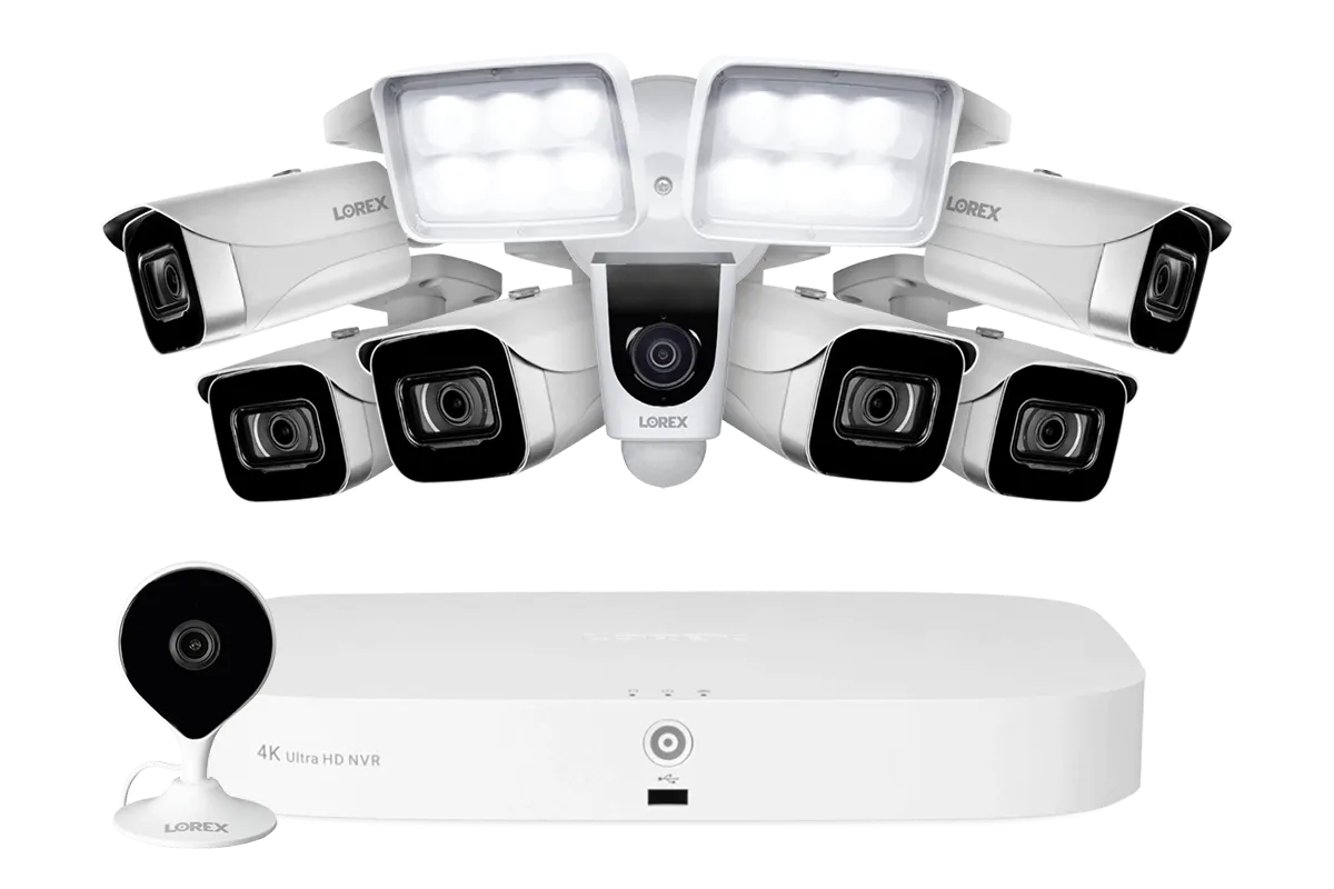 8-Channel NVR Fusion System with Six 4K (8MP) IP Cameras, HD Smart Indoor Wi-Fi Security Camera and Wi-Fi Floodlight Camera