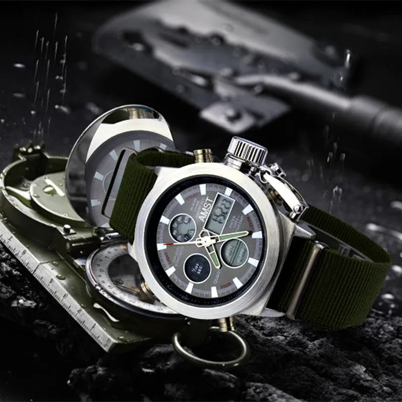 AMST Brand Dive LED Watches Men Sport Military Watch Genuine Leather Quartz Watch Men Wristwatches