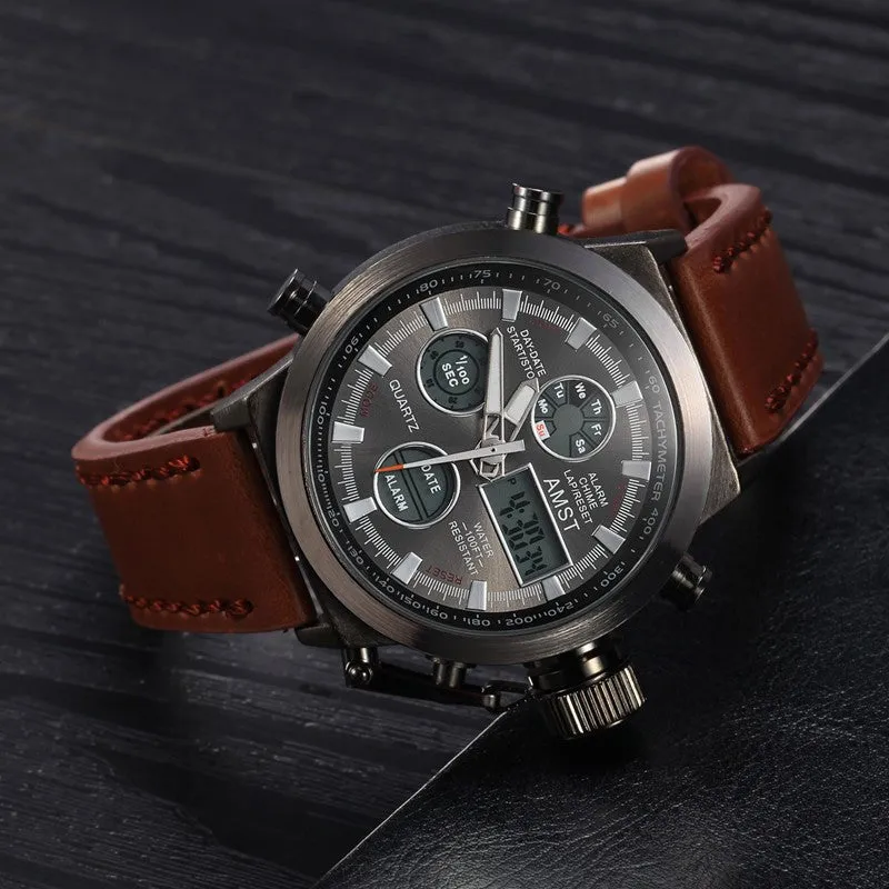 AMST Brand Dive LED Watches Men Sport Military Watch Genuine Leather Quartz Watch Men Wristwatches