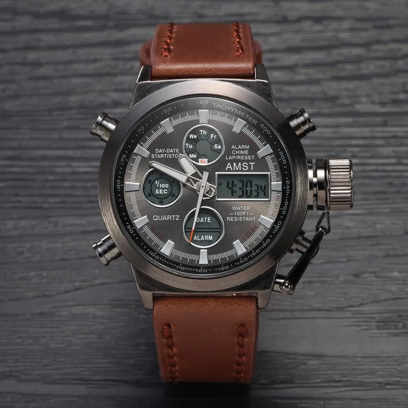 AMST Brand Dive LED Watches Men Sport Military Watch Genuine Leather Quartz Watch Men Wristwatches