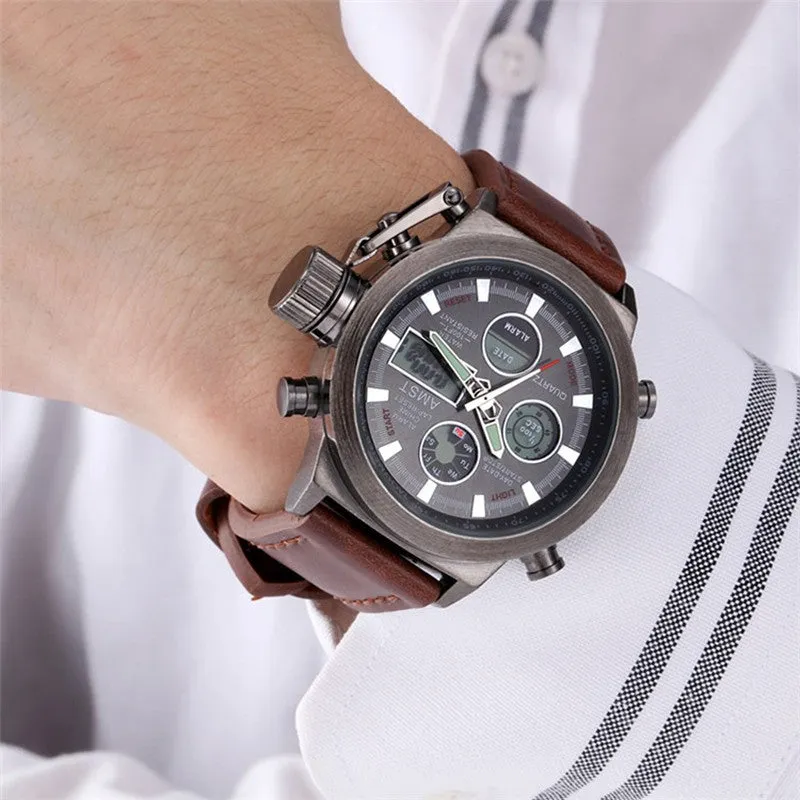 AMST Brand Dive LED Watches Men Sport Military Watch Genuine Leather Quartz Watch Men Wristwatches