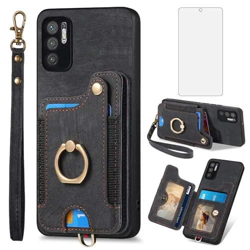 Asuwish Phone Case for Xiaomi Redmi Note 10 5G Wallet Cover with Tempered Glass Screen Protector Wrist Strap Lanyard RFID Credit Card Holder Ring Stand Poco M3 Pro/Redme Note 10T G5 Women Men Black