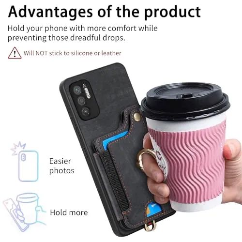 Asuwish Phone Case for Xiaomi Redmi Note 10 5G Wallet Cover with Tempered Glass Screen Protector Wrist Strap Lanyard RFID Credit Card Holder Ring Stand Poco M3 Pro/Redme Note 10T G5 Women Men Black