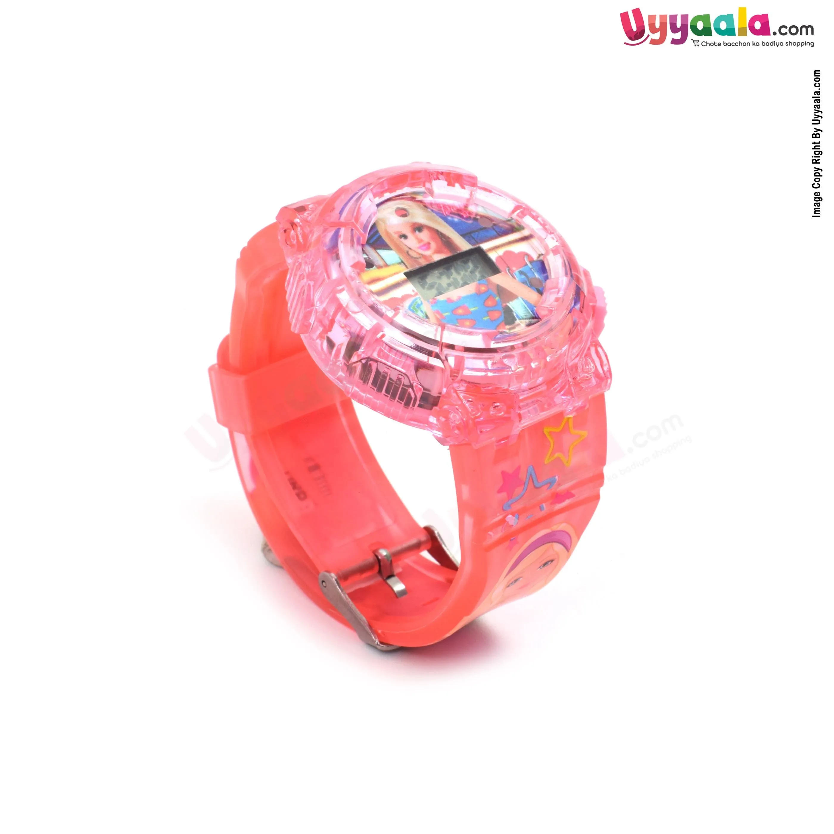 Barbie analog digital watch with led lights & music for kids - pink strap with barbie print, 2   years