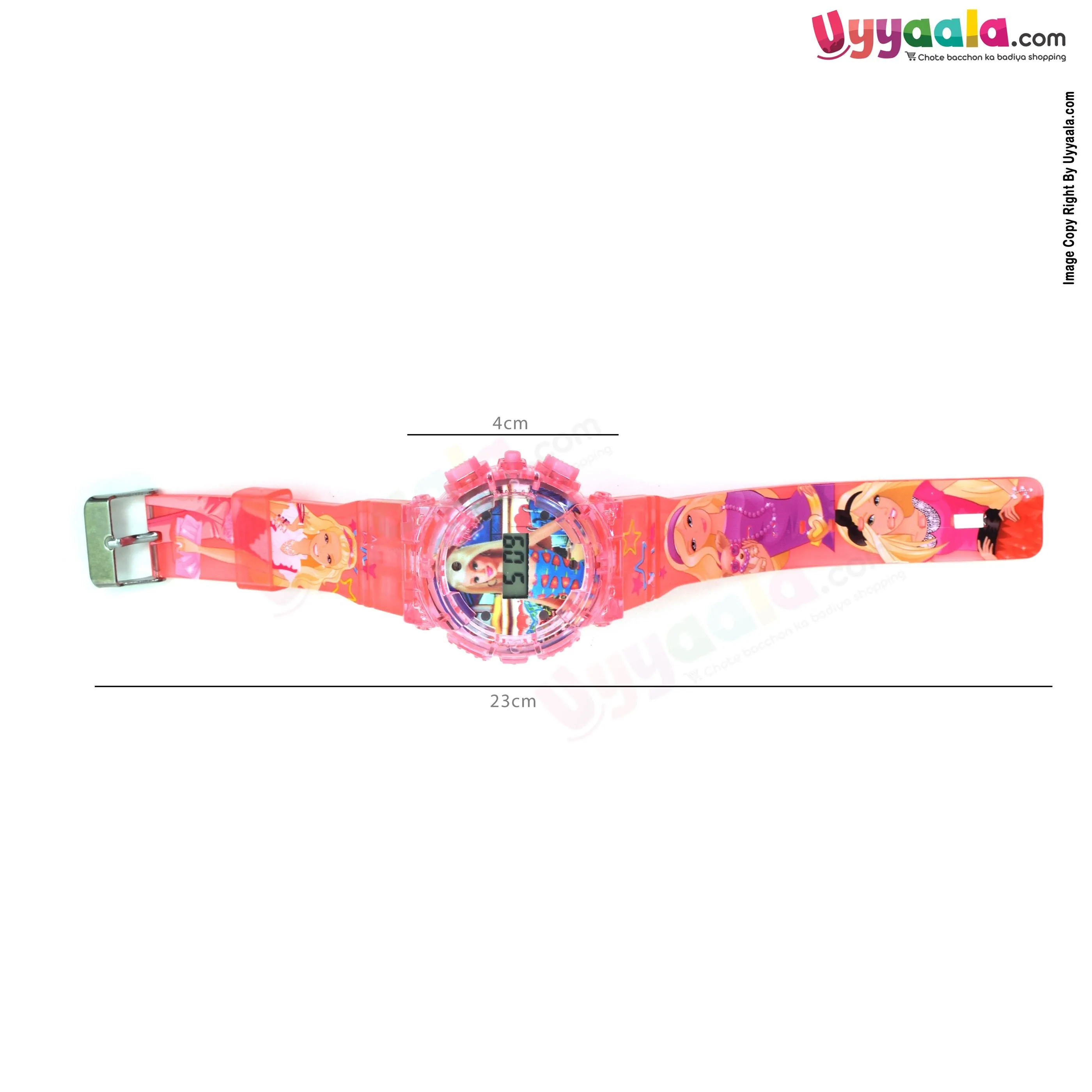 Barbie analog digital watch with led lights & music for kids - pink strap with barbie print, 2   years