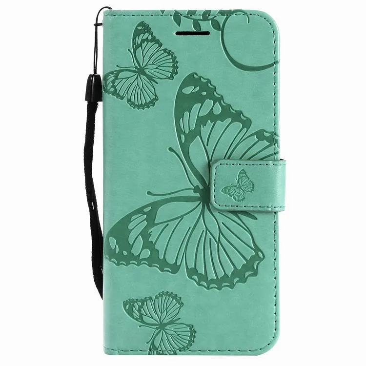 Big Butterfly 3D Embossed Leather Case Card Holder With Lanyard Phone Case