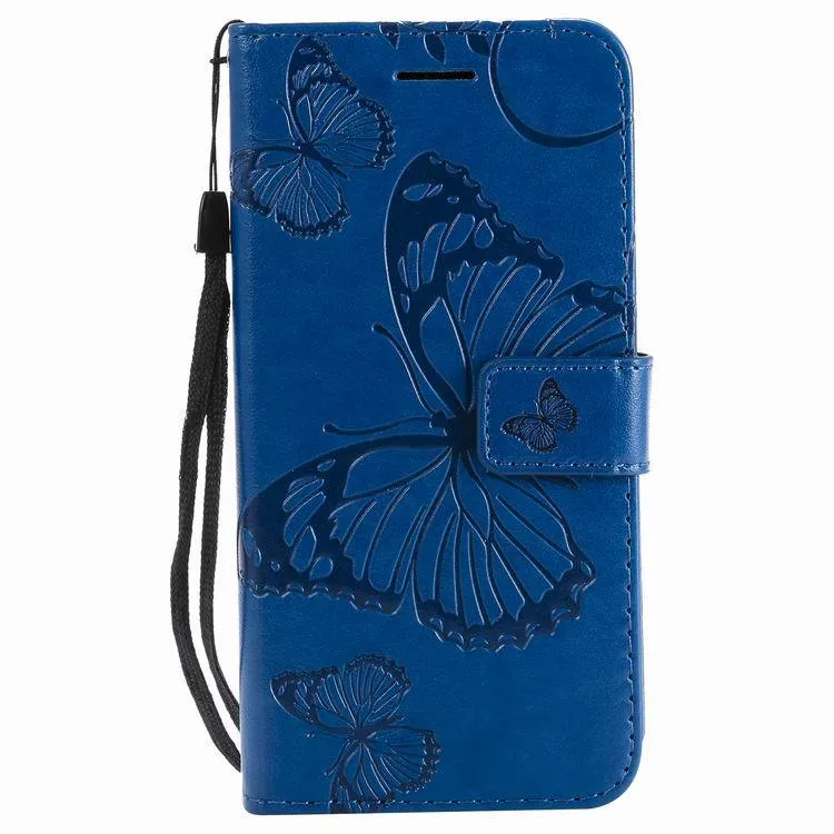 Big Butterfly 3D Embossed Leather Case Card Holder With Lanyard Phone Case