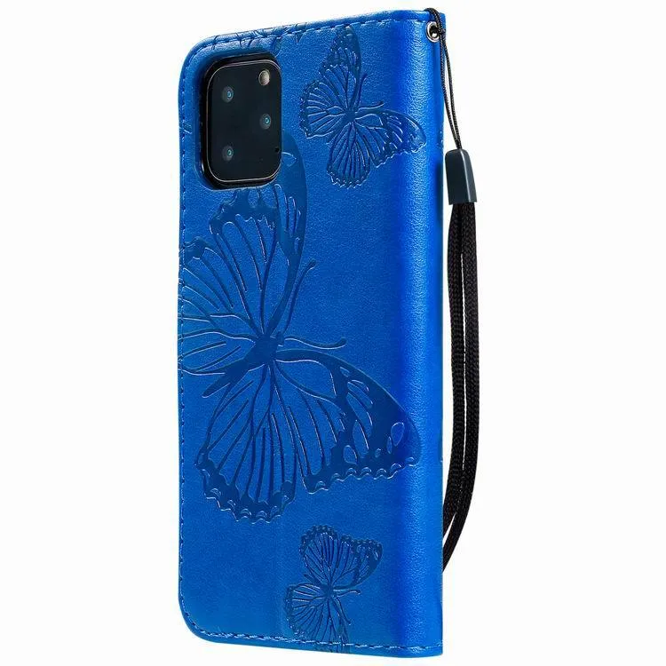 Big Butterfly 3D Embossed Leather Case Card Holder With Lanyard Phone Case