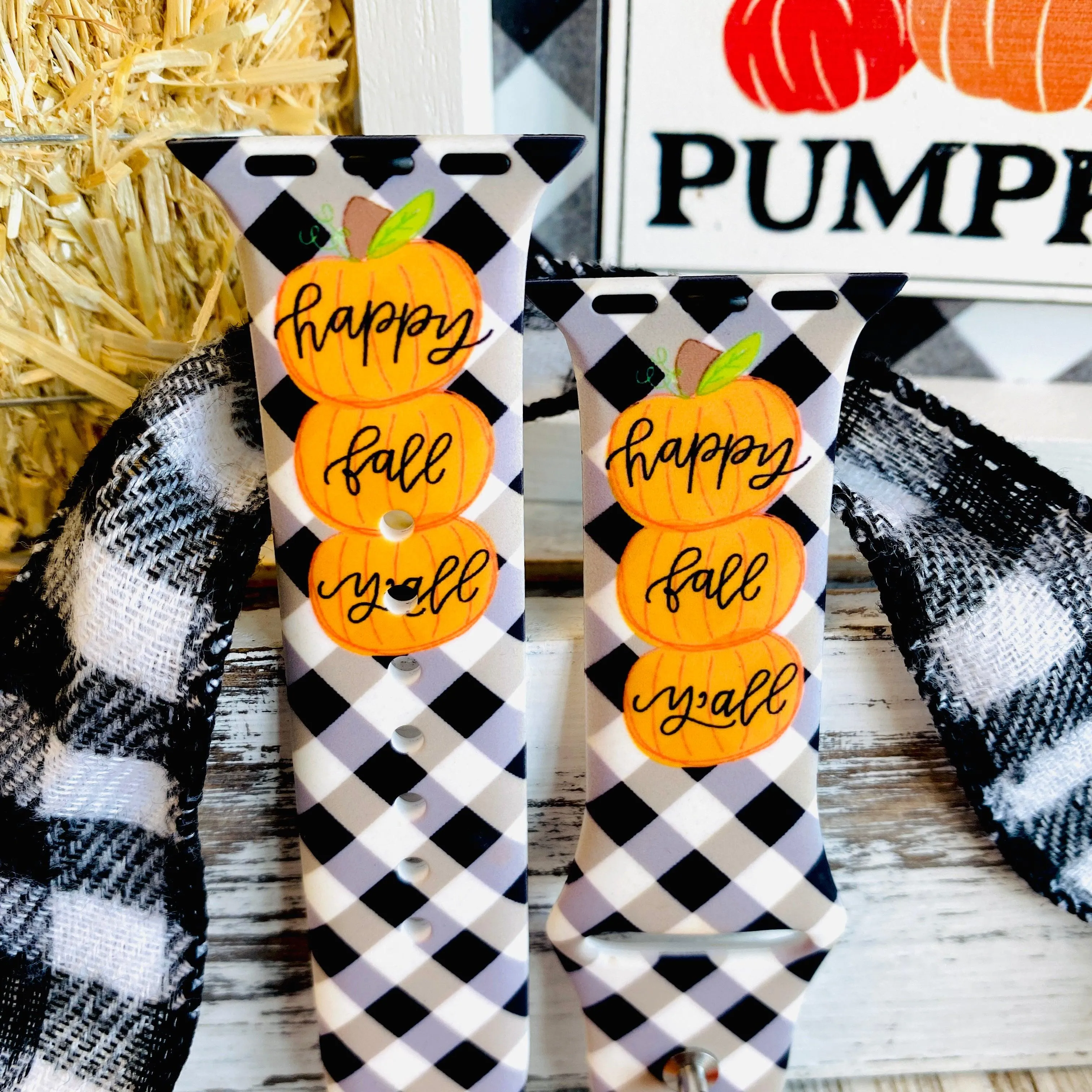 Black Plaid Happy Fall Y'all  Print Silicone Band For Apple Watch