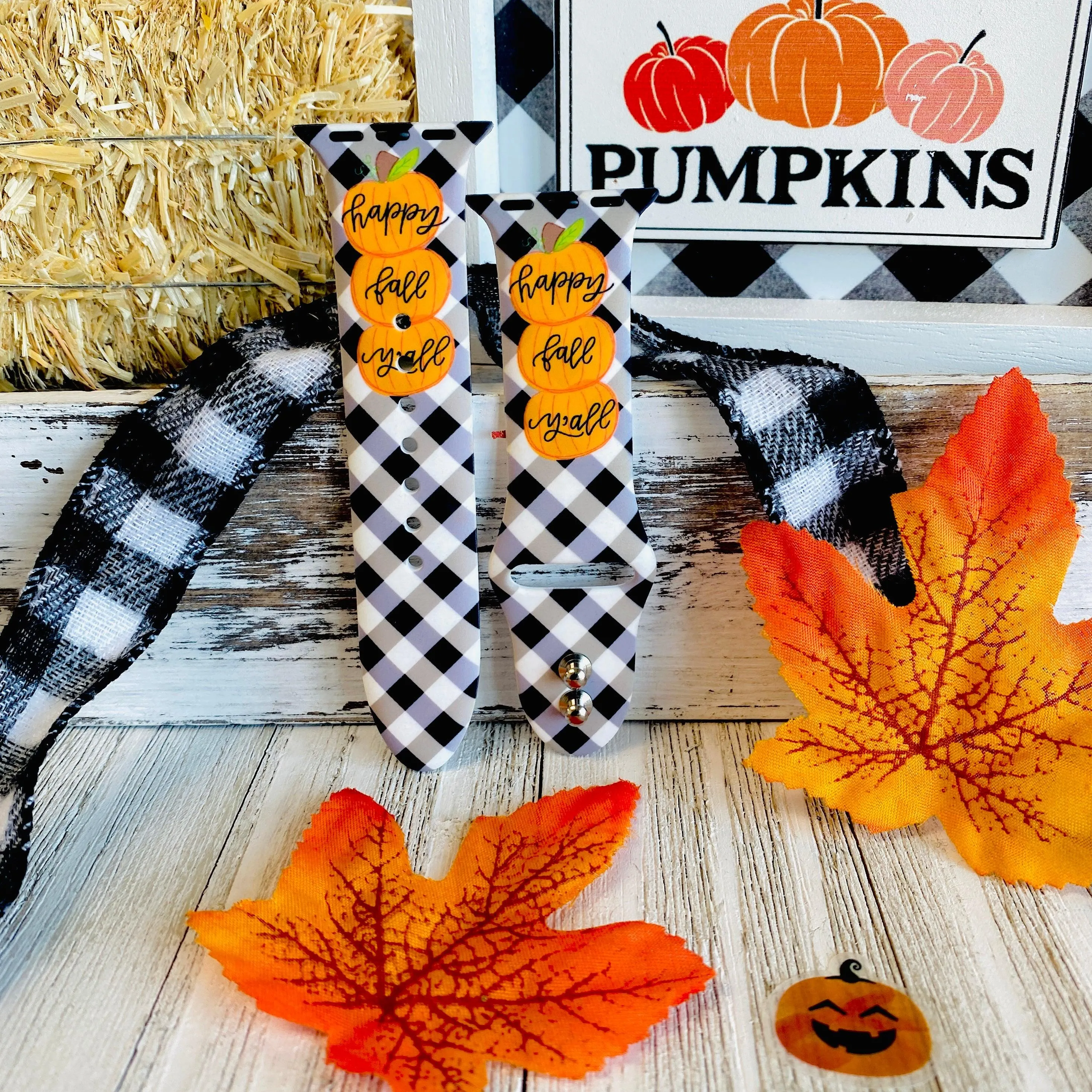 Black Plaid Happy Fall Y'all  Print Silicone Band For Apple Watch