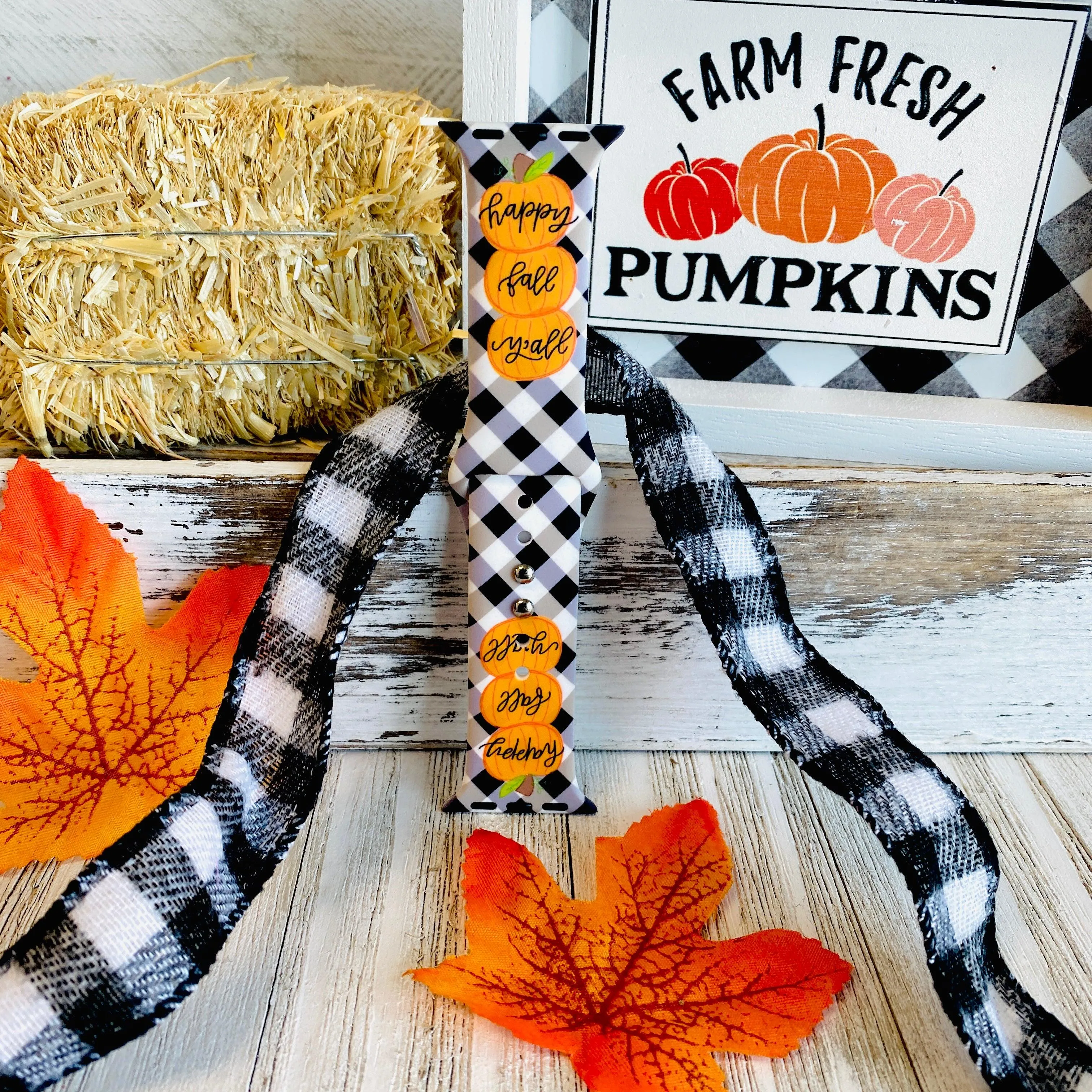 Black Plaid Happy Fall Y'all  Print Silicone Band For Apple Watch