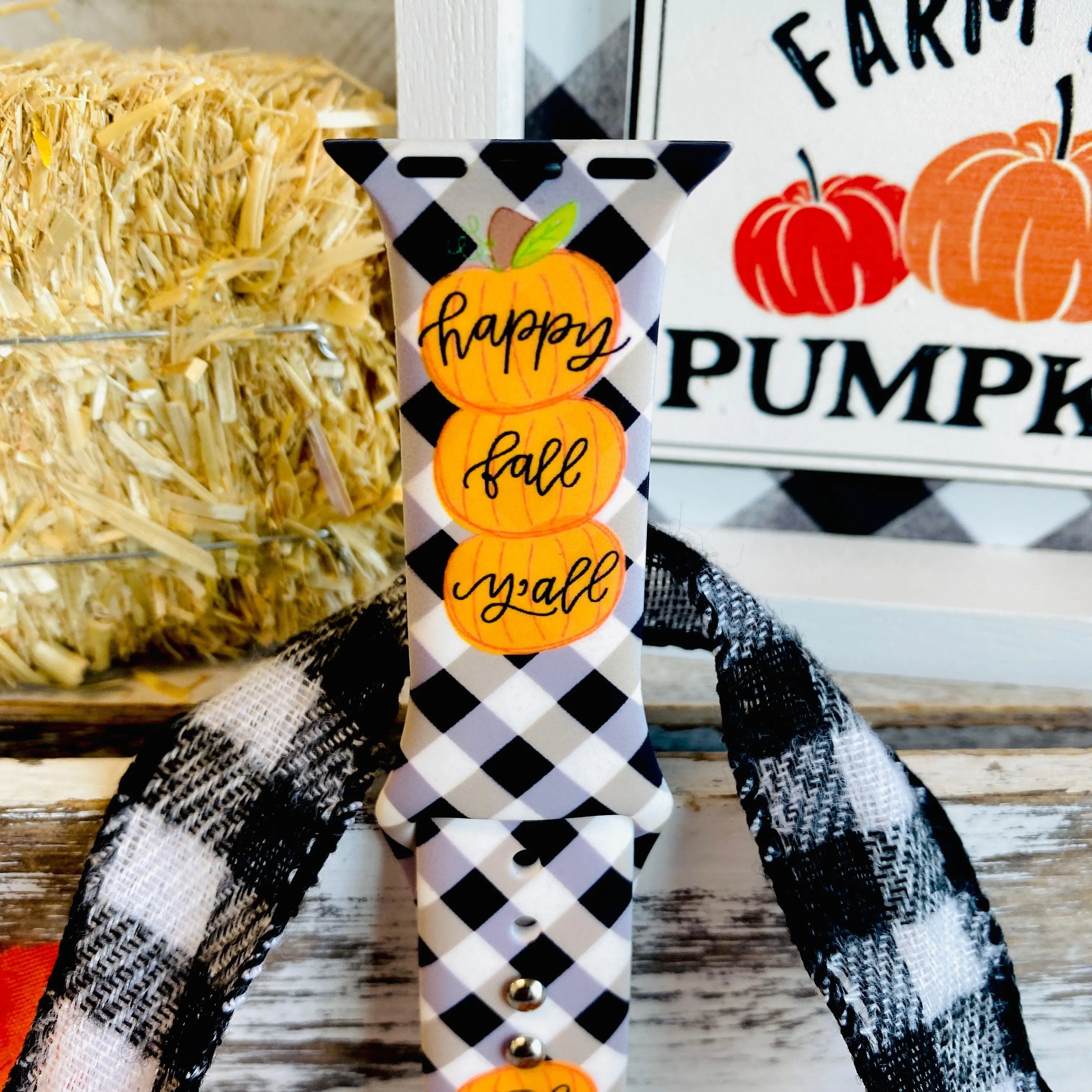 Black Plaid Happy Fall Y'all  Print Silicone Band For Apple Watch