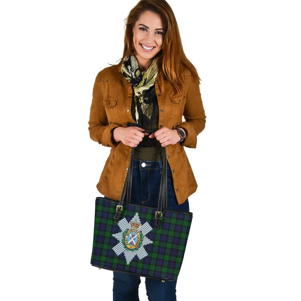 Black Watch Tartan Leather Tote Bag with Family Crest