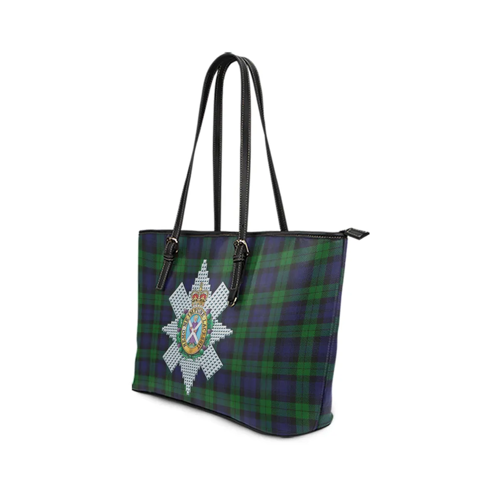 Black Watch Tartan Leather Tote Bag with Family Crest