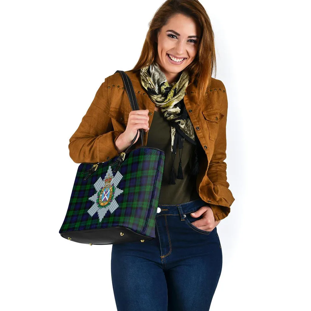 Black Watch Tartan Leather Tote Bag with Family Crest