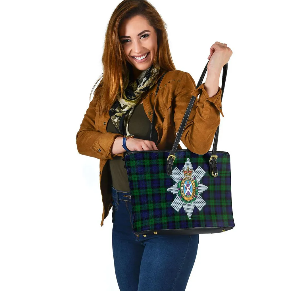 Black Watch Tartan Leather Tote Bag with Family Crest