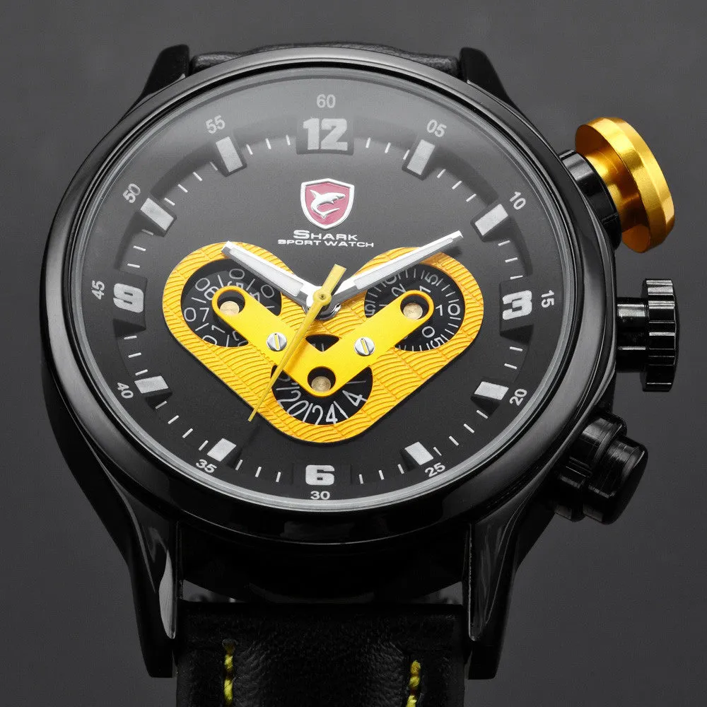 Brand New SHARK Sport Watch Date Day 24 Hours Dashboard Steel Case Leather Band Black Yellow Men's Quartz Wrist Watches