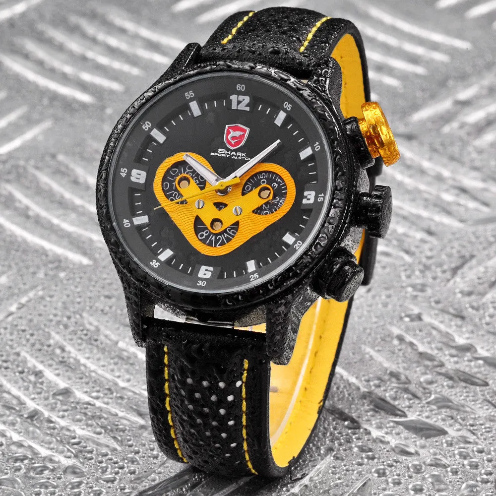 Brand New SHARK Sport Watch Date Day 24 Hours Dashboard Steel Case Leather Band Black Yellow Men's Quartz Wrist Watches