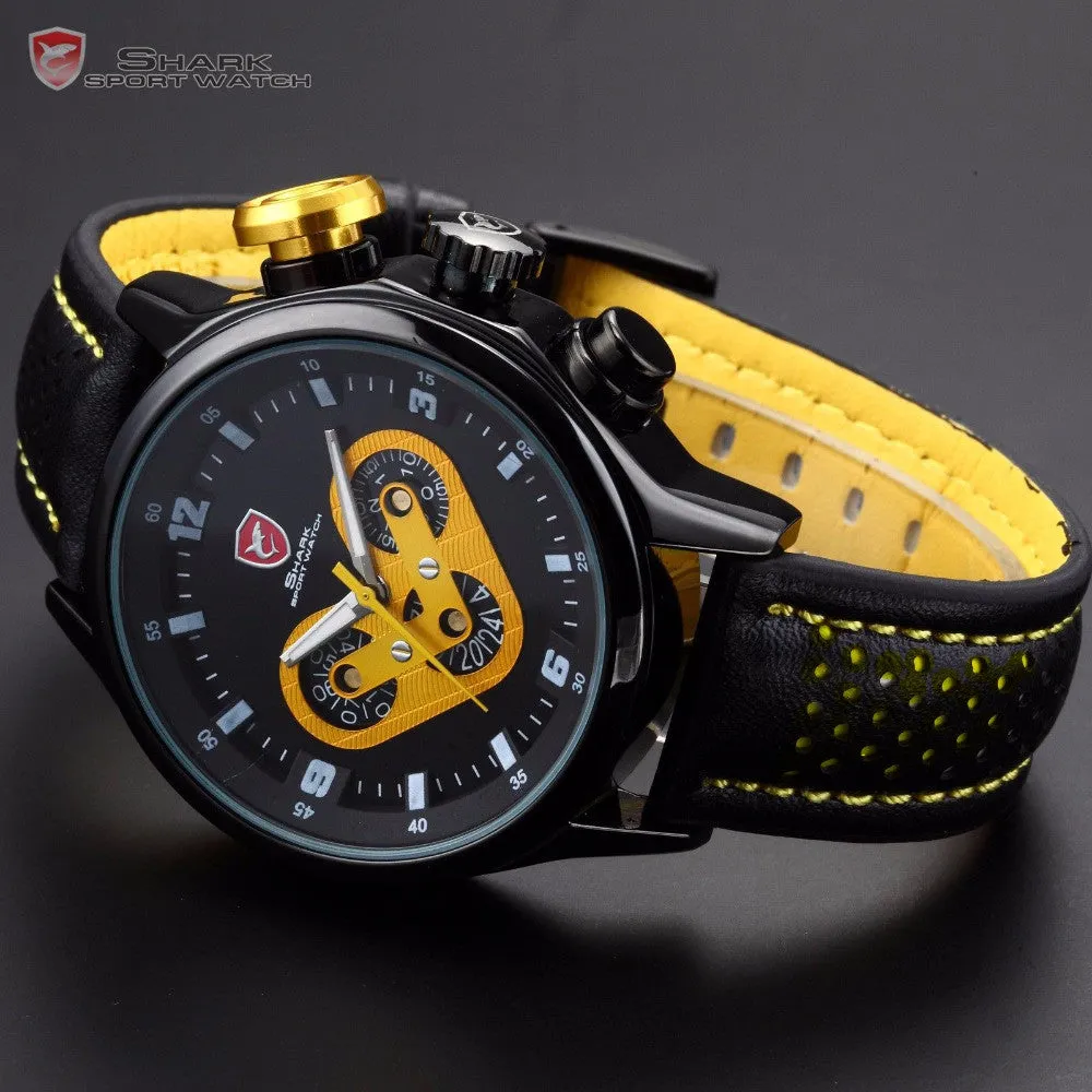 Brand New SHARK Sport Watch Date Day 24 Hours Dashboard Steel Case Leather Band Black Yellow Men's Quartz Wrist Watches