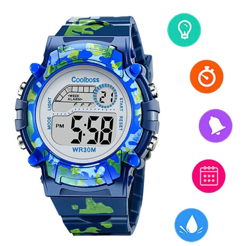 Camouflage Watches Children Watch Led Digital Wristwatch Kids Boys Girs Students Clock Waterproof Sport Gift Relojes Army Green