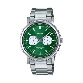 Casio Analogue Day-Date Dial 50M Water Resistant Green Face Stainless Steel Band MTPE335D-3E