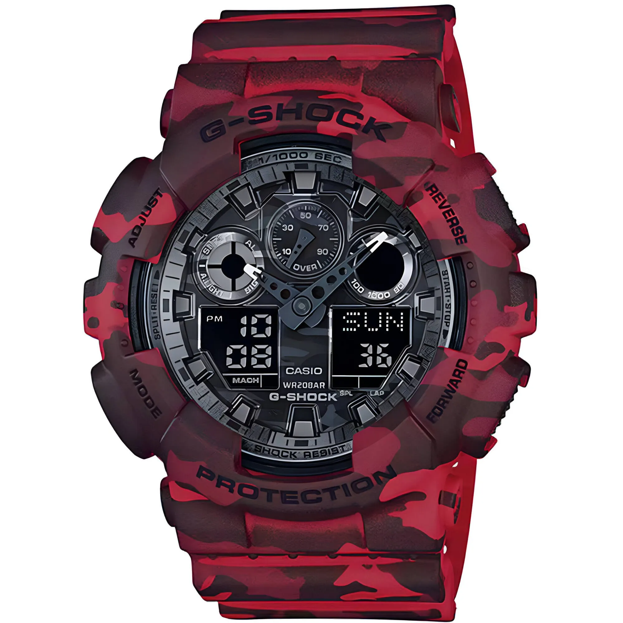 Casio Men's Watch - G-Shock Black Ana-Digi Dial Red Camouflage Strap | GA100CM-4A