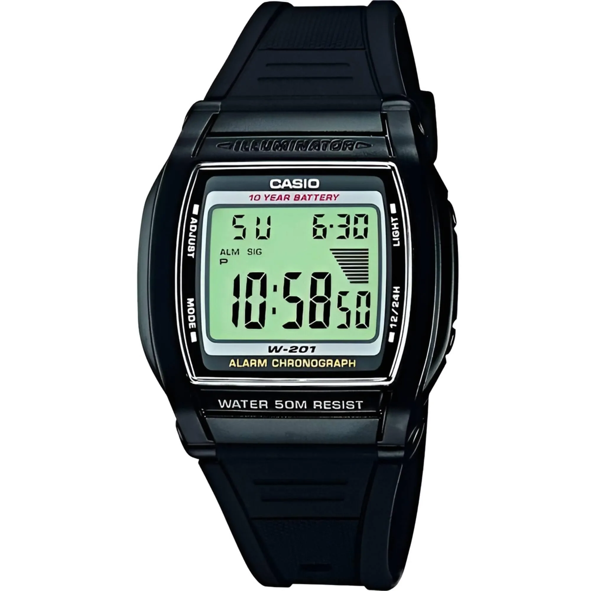 Casio Men's Watch - Quartz Digital Dial Black Resin Case Strap | W-201-1A