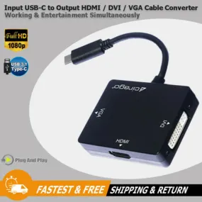 Cirago USB-C to HDMI/DVI/VGA 3-in-1 Display Port Converter Cable Adapter - Black