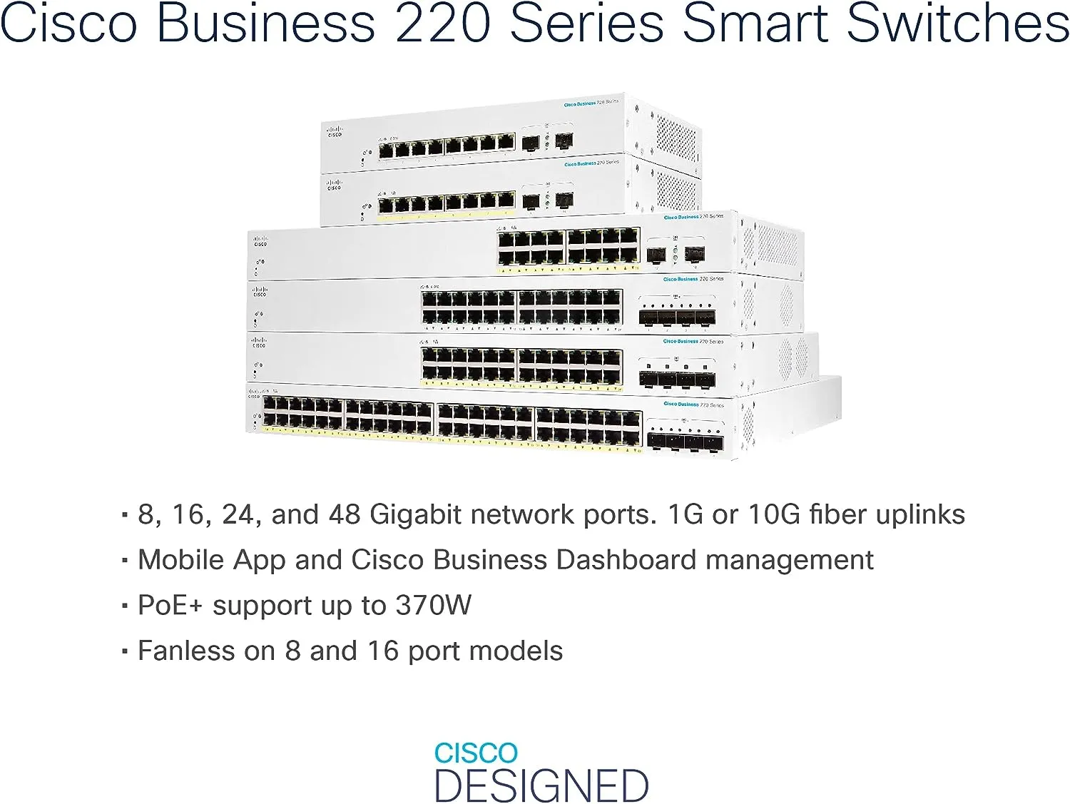 Cisco Business CBS220 24-Port Gigabit (195W PoE )   4-Port 10G SFP  Uplink 智能交換機 (CBS220-24P-4X-UK / NE-2224P4X) 3年保用