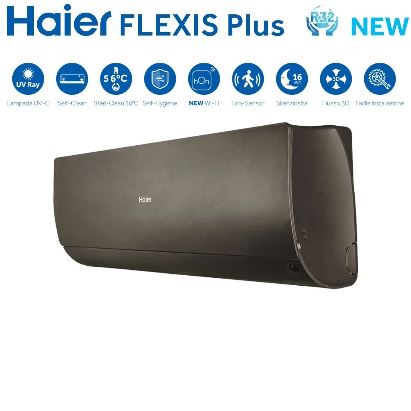 Climatizzatore Condizionatore Haier Quadri Split Inverter serie FLEXIS PLUS BLACK 12 12 12 12 con 4U85S2SR3FA R-32 Wi-Fi Integrato Colore Nero 12000 12000 12000 12000