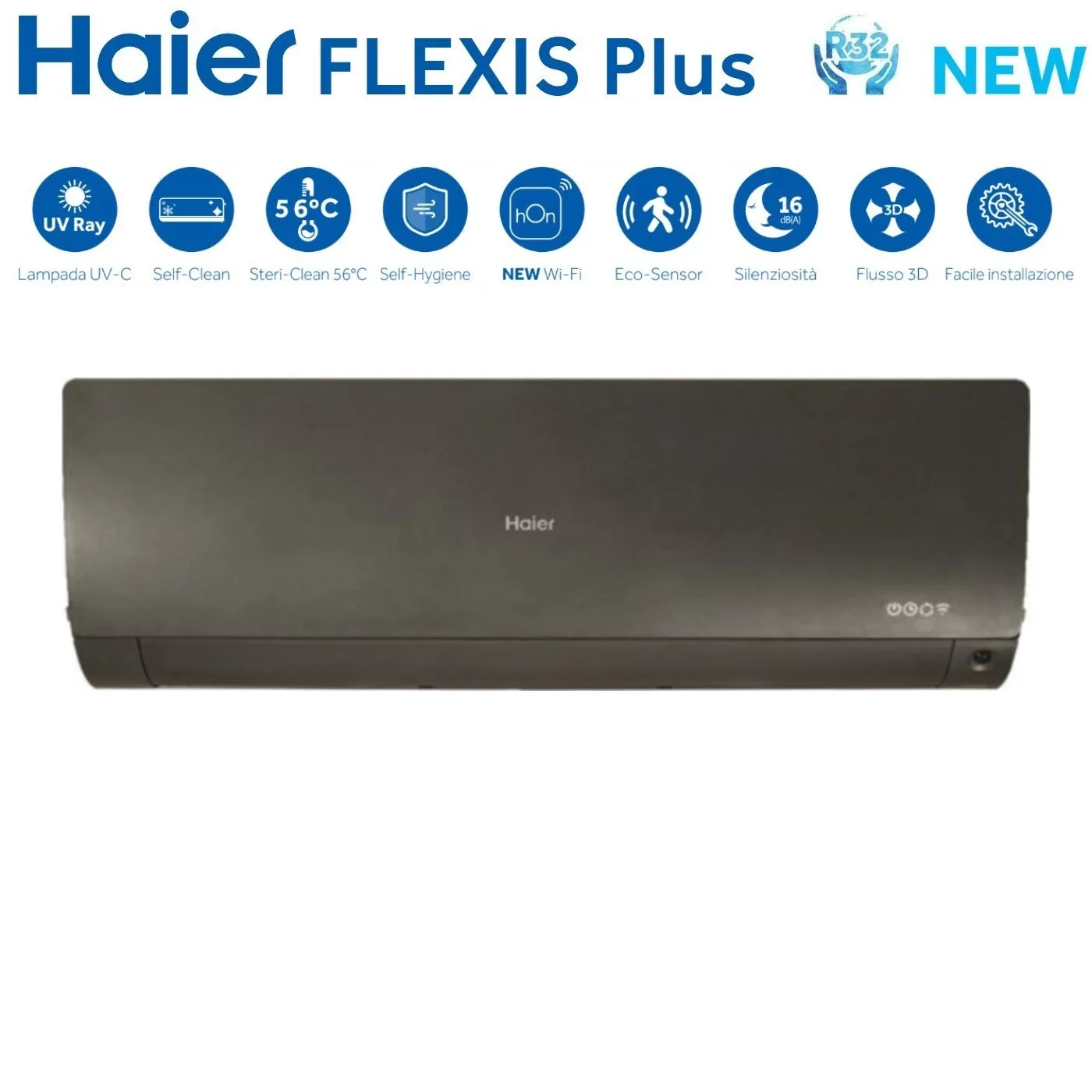 Climatizzatore Condizionatore Haier Quadri Split Inverter serie FLEXIS PLUS BLACK 12 12 12 12 con 4U85S2SR3FA R-32 Wi-Fi Integrato Colore Nero 12000 12000 12000 12000