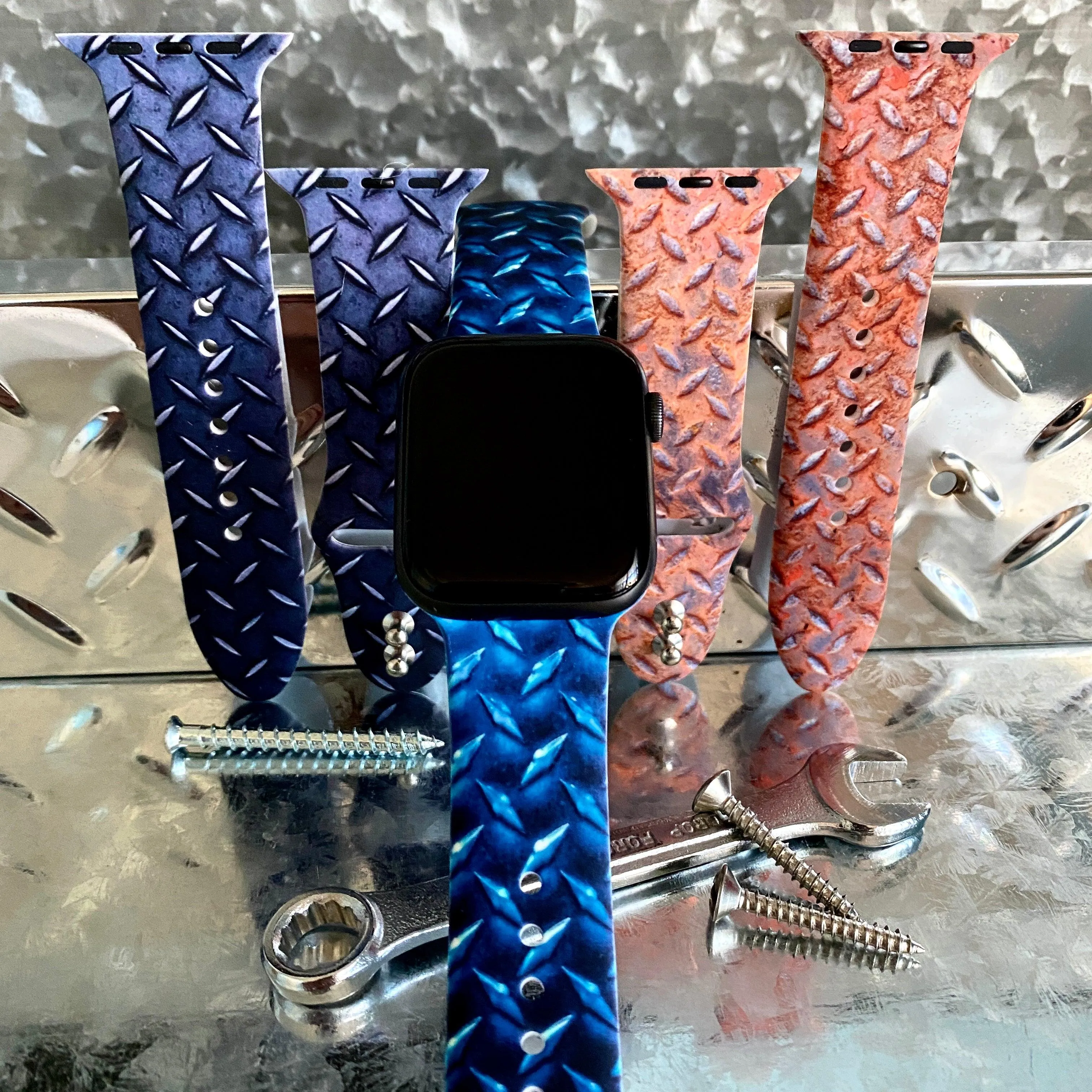 Diamond Plated Steel Print Silicone Band For Apple Watch Multiple Colors Available