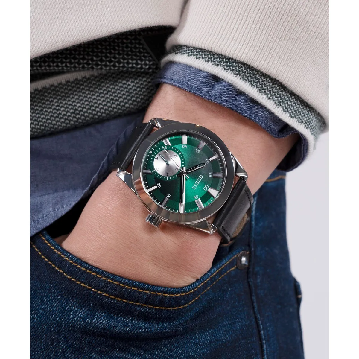 Dress Men Quartz Green Dial Analog Leather Watch GW0793G1