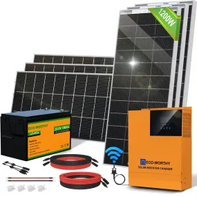 ECO-WORTHY 4.8KWH Solar Power Complete Kit 1200W 24V with Lithium Battery and Inverter for Home: 6pcs 195W Solar Panel   1pc 25.6V 100Ah Li-Battery   3000W MPPT Hybrid Charger Inverter