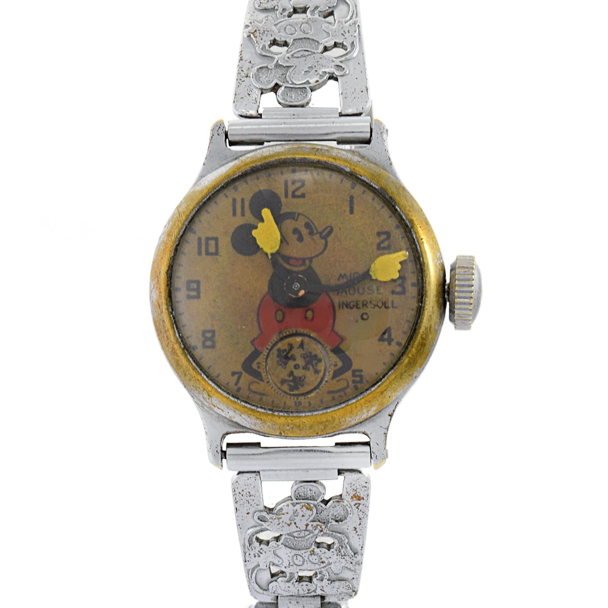 Extremely Rare 1930's Ingersoll Mickey Mouse Watch Two Tone Original Bracelet