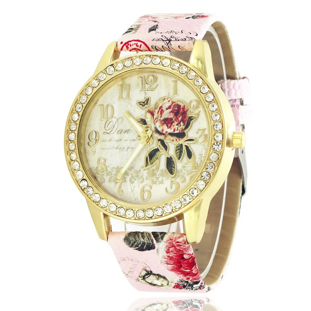 Fashion Women Rhinestone Quartz Watch Print Rose Pattern Dial Ladies Watch Leather Strap Women Wrist Watch Reloj  Montre