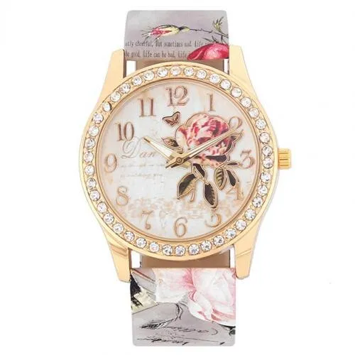 Fashion Women Rhinestone Quartz Watch Print Rose Pattern Dial Ladies Watch Leather Strap Women Wrist Watch Reloj  Montre