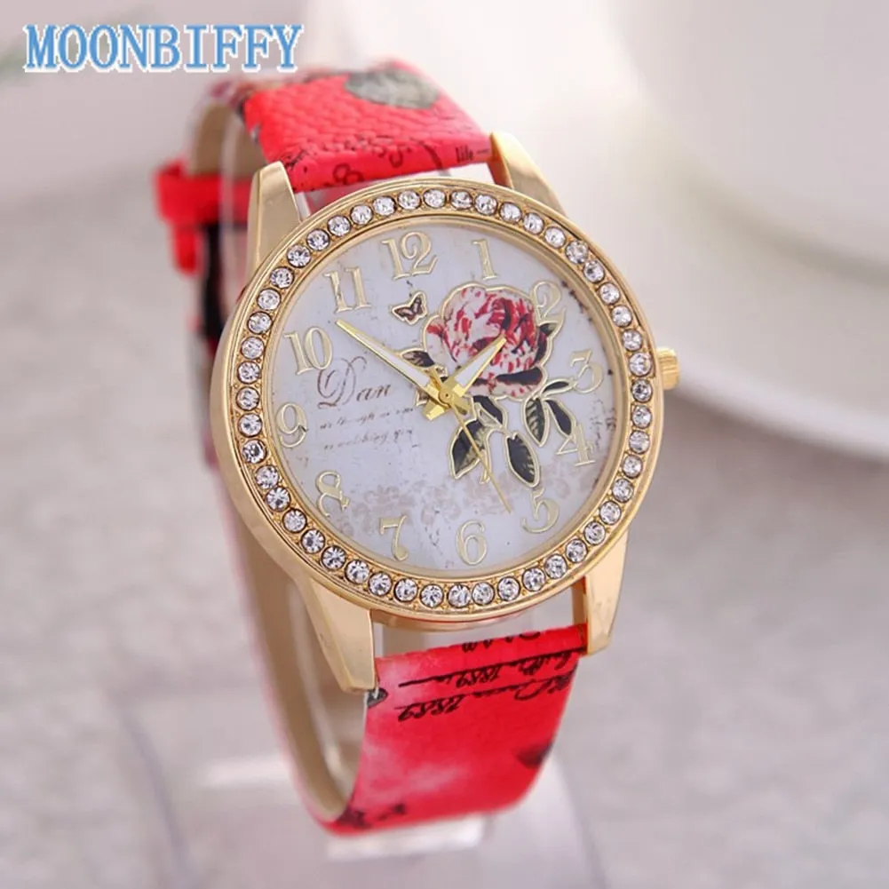 Fashion Women Rhinestone Quartz Watch Print Rose Pattern Dial Ladies Watch Leather Strap Women Wrist Watch Reloj  Montre