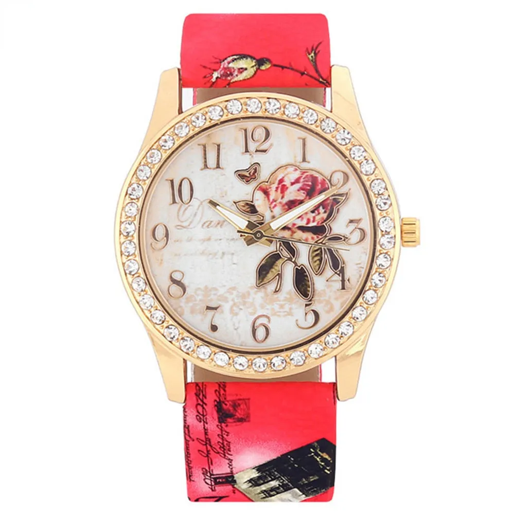 Fashion Women Rhinestone Quartz Watch Print Rose Pattern Dial Ladies Watch Leather Strap Women Wrist Watch Reloj  Montre