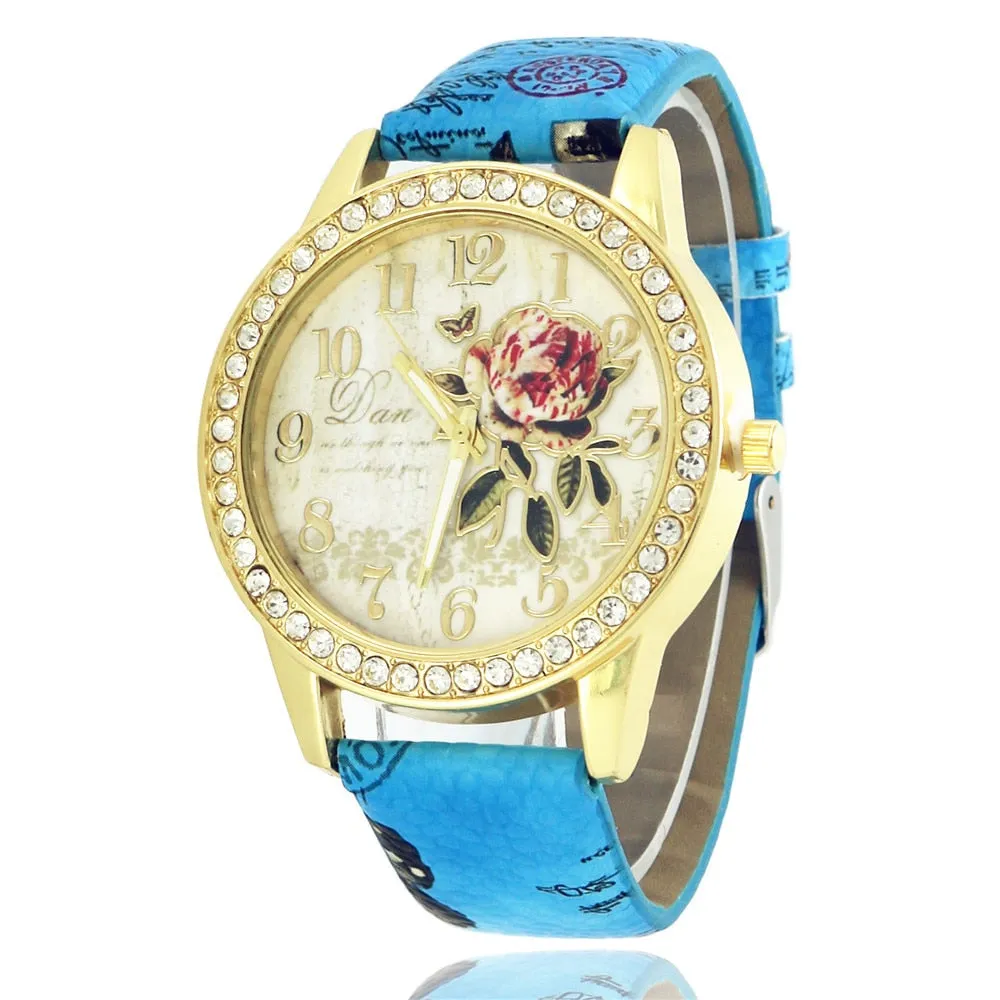 Fashion Women Rhinestone Quartz Watch Print Rose Pattern Dial Ladies Watch Leather Strap Women Wrist Watch Reloj  Montre