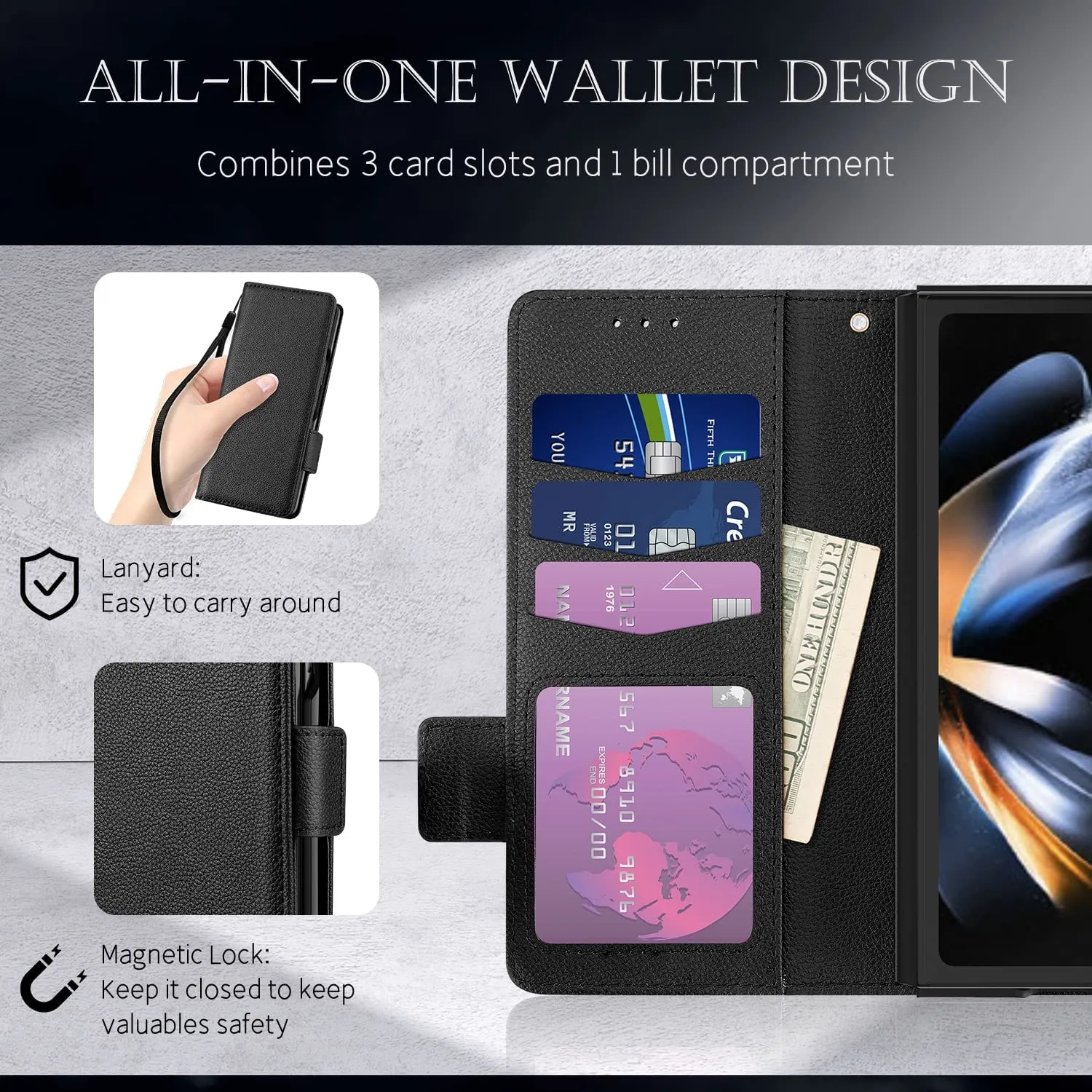 Galaxy Z Fold 4 5G Case, Z Fold 4 Case Wallet Phone Cover Black