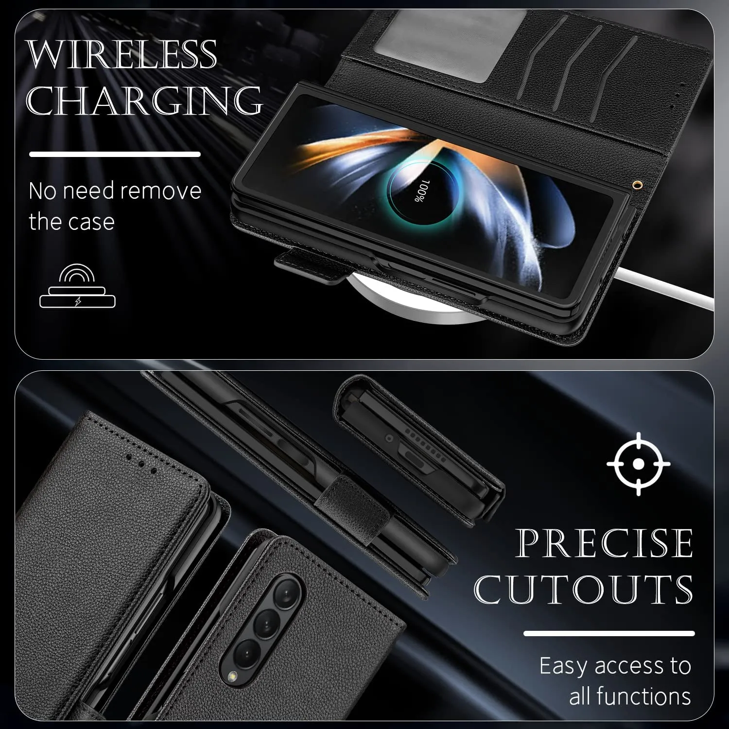 Galaxy Z Fold 4 5G Case, Z Fold 4 Case Wallet Phone Cover Black