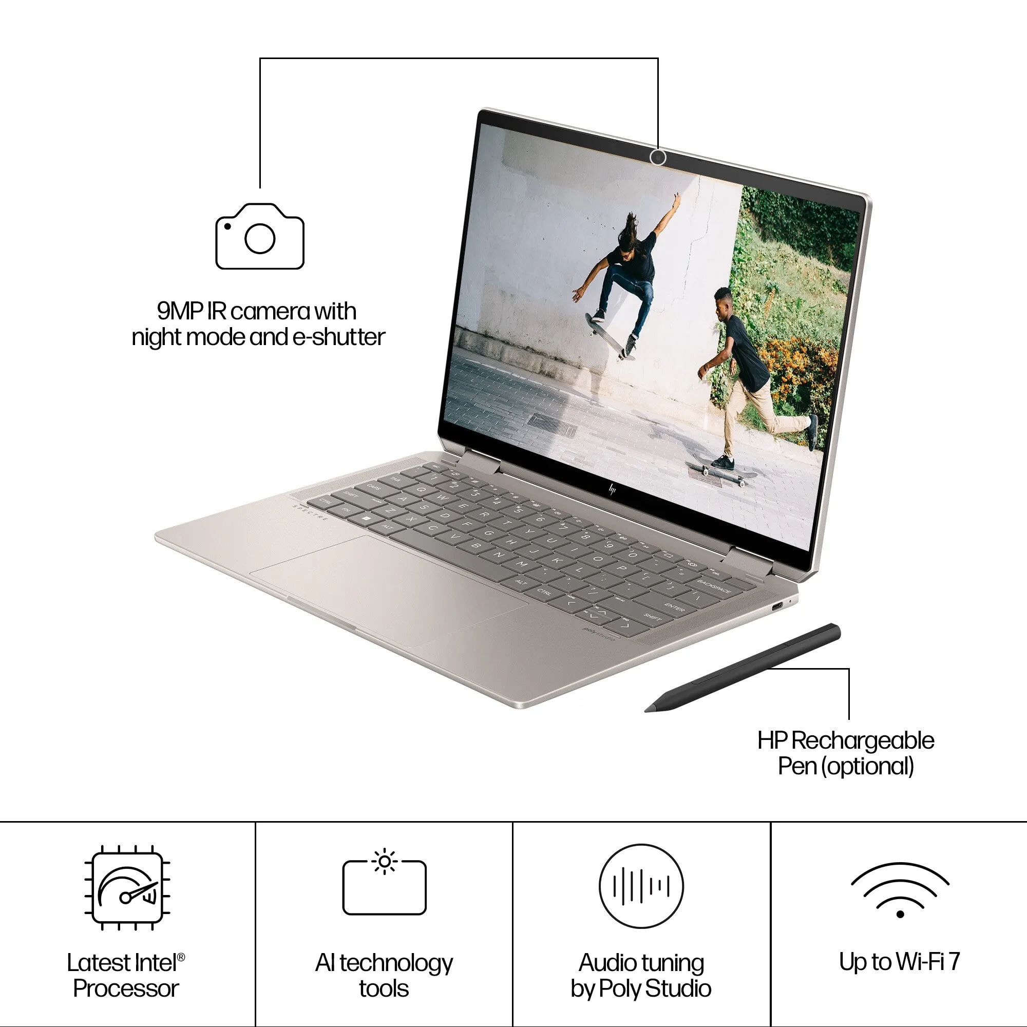 HP Spectre x360 14-eu0006na Intel Core Ultra 5 125H Hybrid (2-in-1) 35.6 cm (14") Touchscreen 3K 16 GB LPDDR5x-SDRAM 512 GB SSD Wi-Fi 6E (802.11ax) Windows 11 Home Black