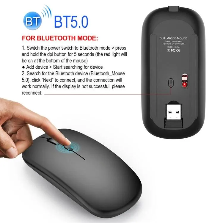 HXSJ M90 Wireless Bluetooth Mouse - Ultra-Thin, Rechargeable, Silent Click, Dual Mode 2.4GHz