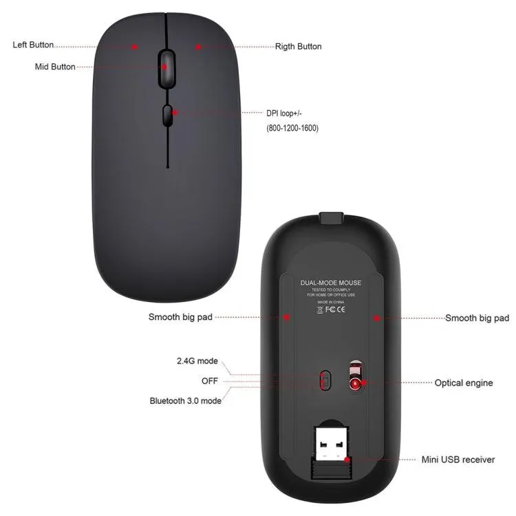 HXSJ M90 Wireless Bluetooth Mouse - Ultra-Thin, Rechargeable, Silent Click, Dual Mode 2.4GHz